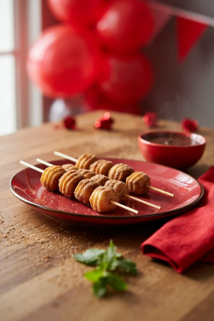 Cinnamon sugar churro bites threaded on skewers