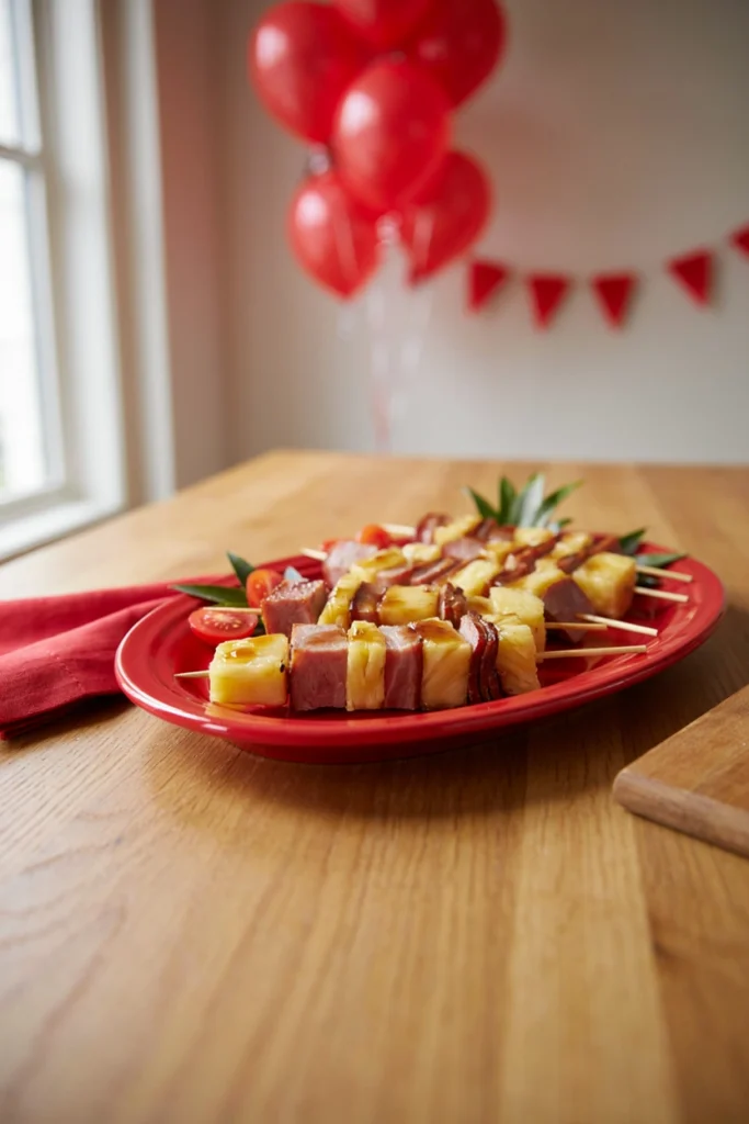 Cubed ham and pineapple glazed and grilled on skewers