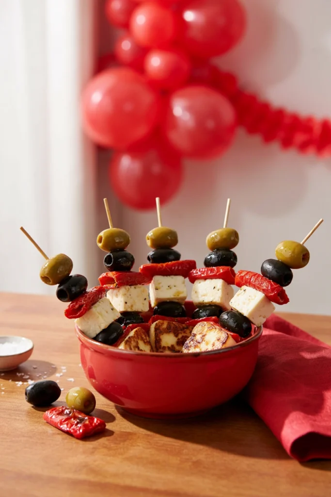 Marinated olives and cheese cubes on small skewers