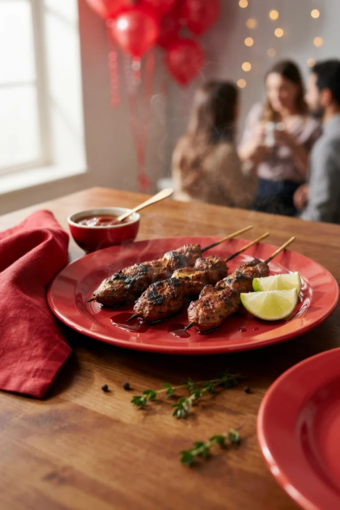 Dark-spiced chicken cubes on skewers with a lime wedge