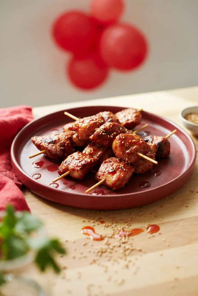 Glossy glazed chicken chunks with a sriracha sheen