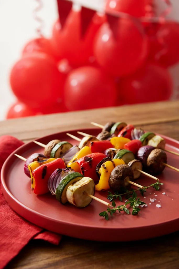 Bell peppers, zucchini, red onion, and mushrooms in a colorful skewer lineup