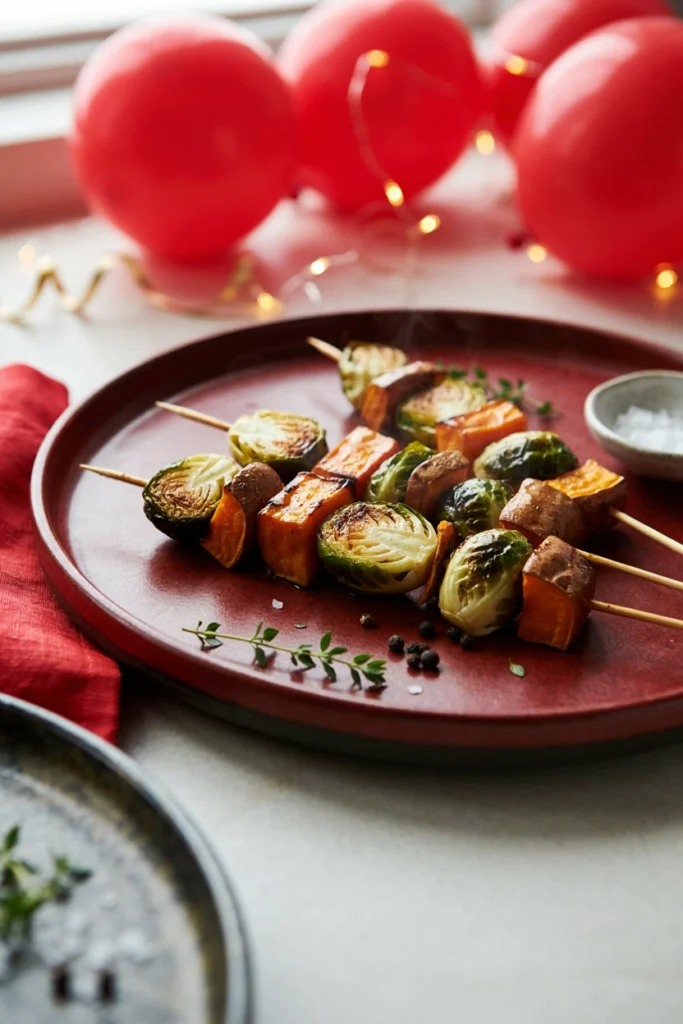 Roasted sweet potato cubes and halved brussels sprouts on skewers