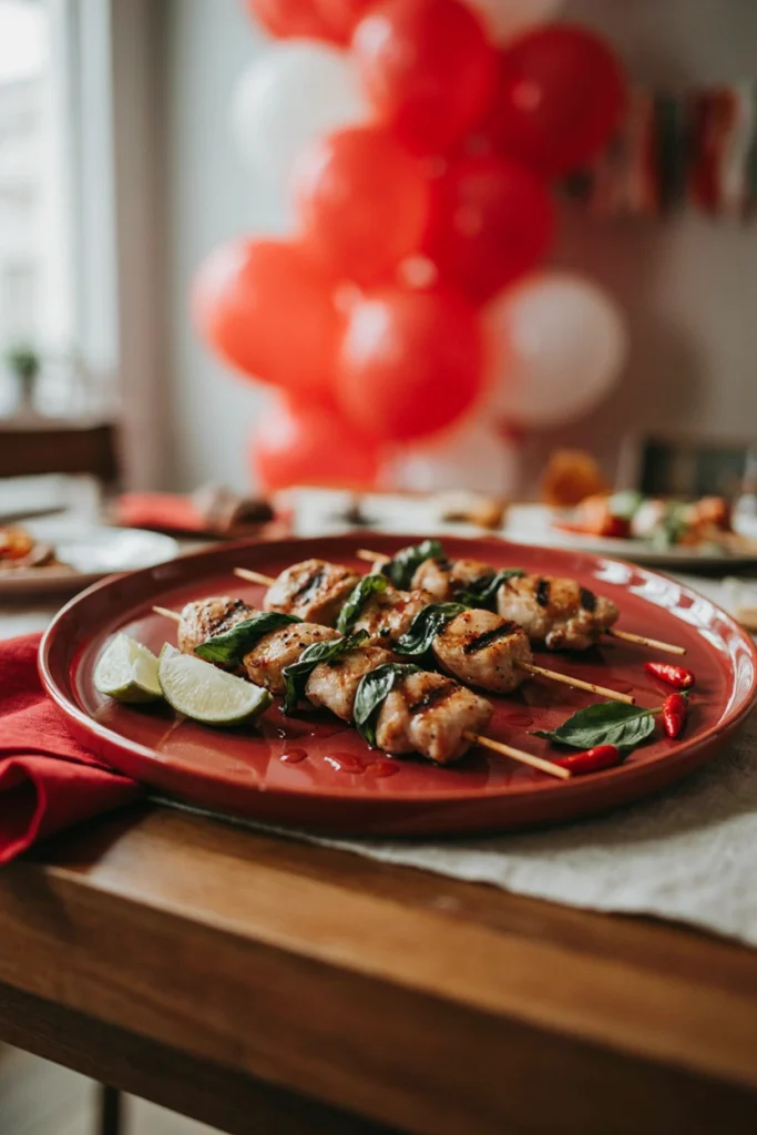 Chicken chunks skewered with fresh Thai basil leaves