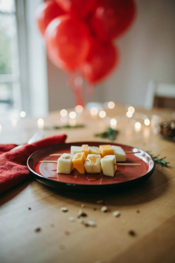 Apple slices and sharp cheddar cubes on skewers with cinnamon dust