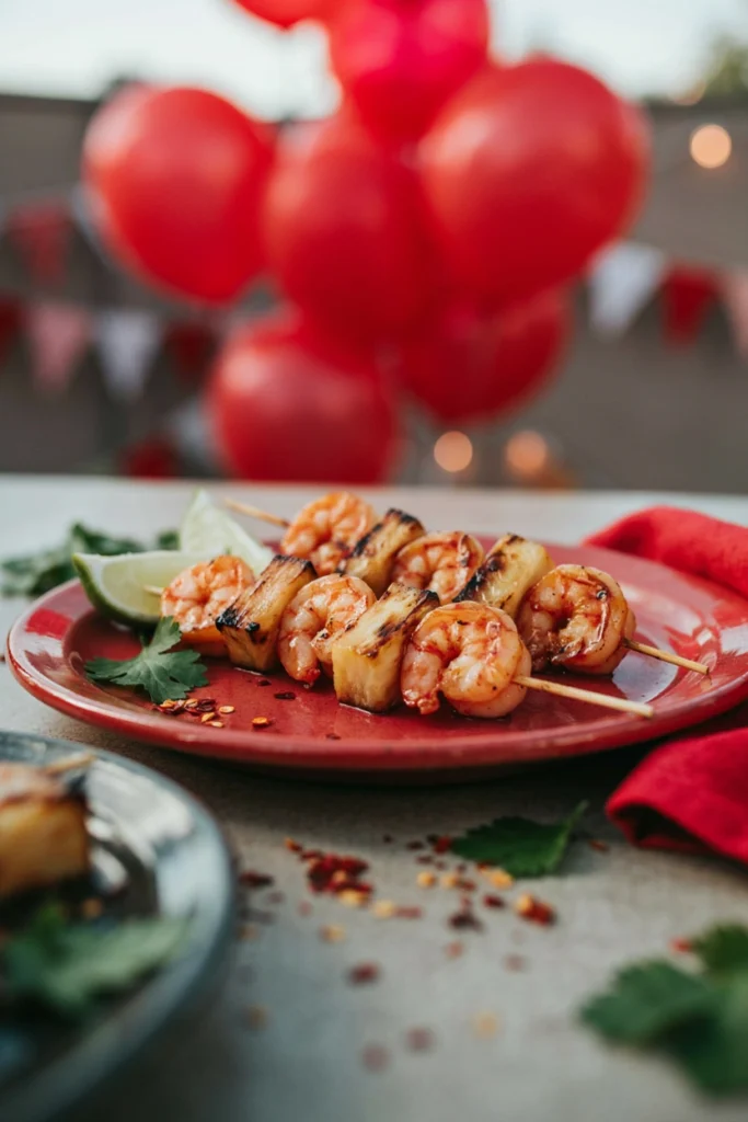 Shrimp and pineapple chunks on skewers with a red chili glaze