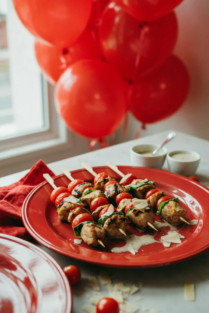Grilled chicken cubes with cherry tomatoes and parmesan shavings on skewers