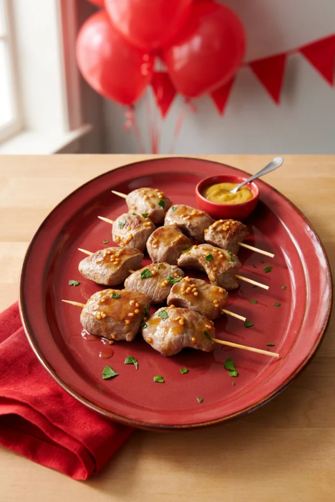 Golden pork tenderloin chunks glazed with honey mustard on skewers