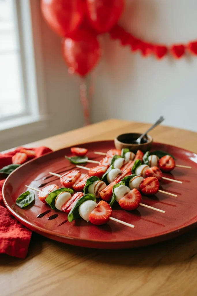 Strawberries and mozzarella alternating with basil on skewers