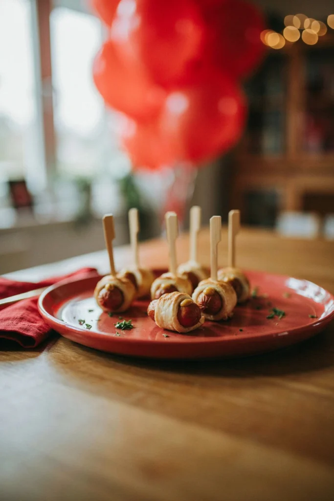 Sausages wrapped in dough strips to look like mummies on skewers