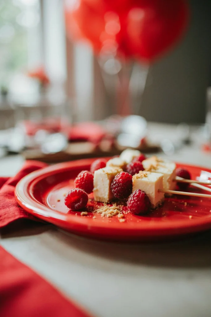 Cubed cheesecake and raspberries on skewers