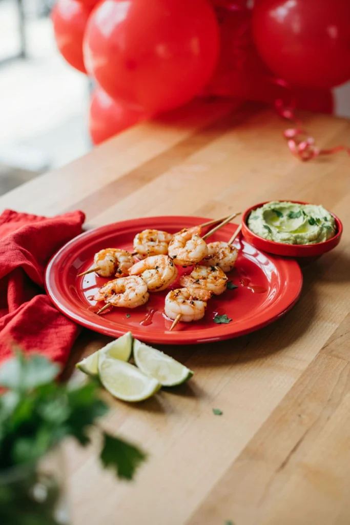 Shrimp coated in chili spice on skewers with lime
