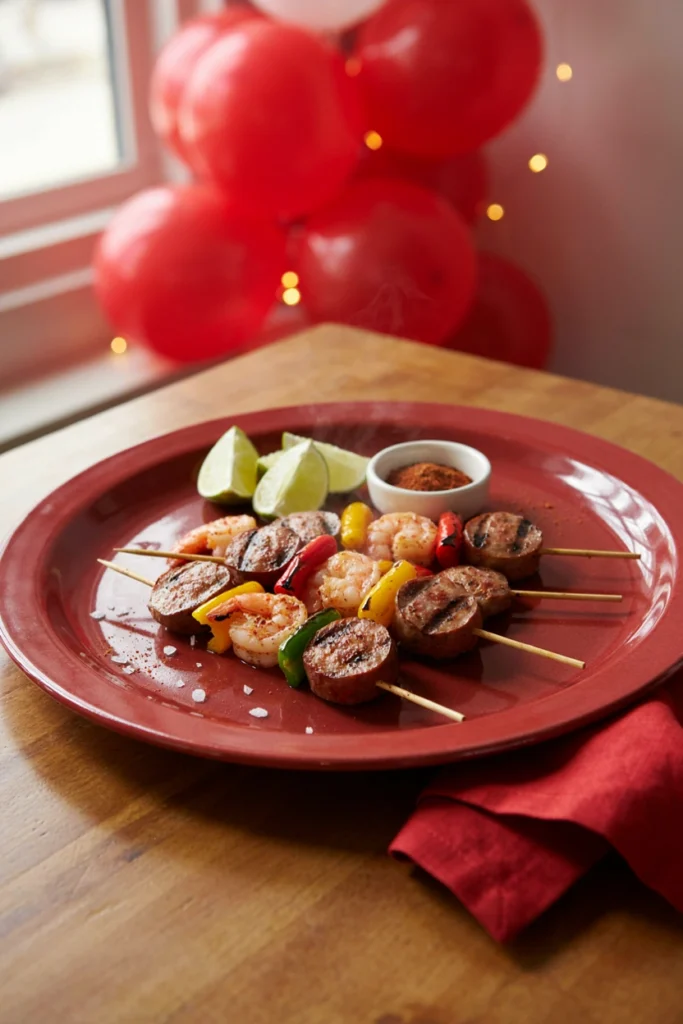 Shrimp and andouille sausage rounds alternating on skewers, red-spiced