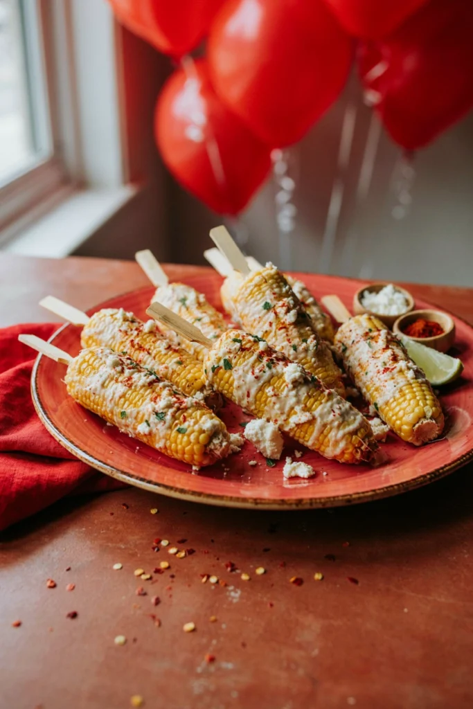 Grilled corn cobs coated in crema and chili powder