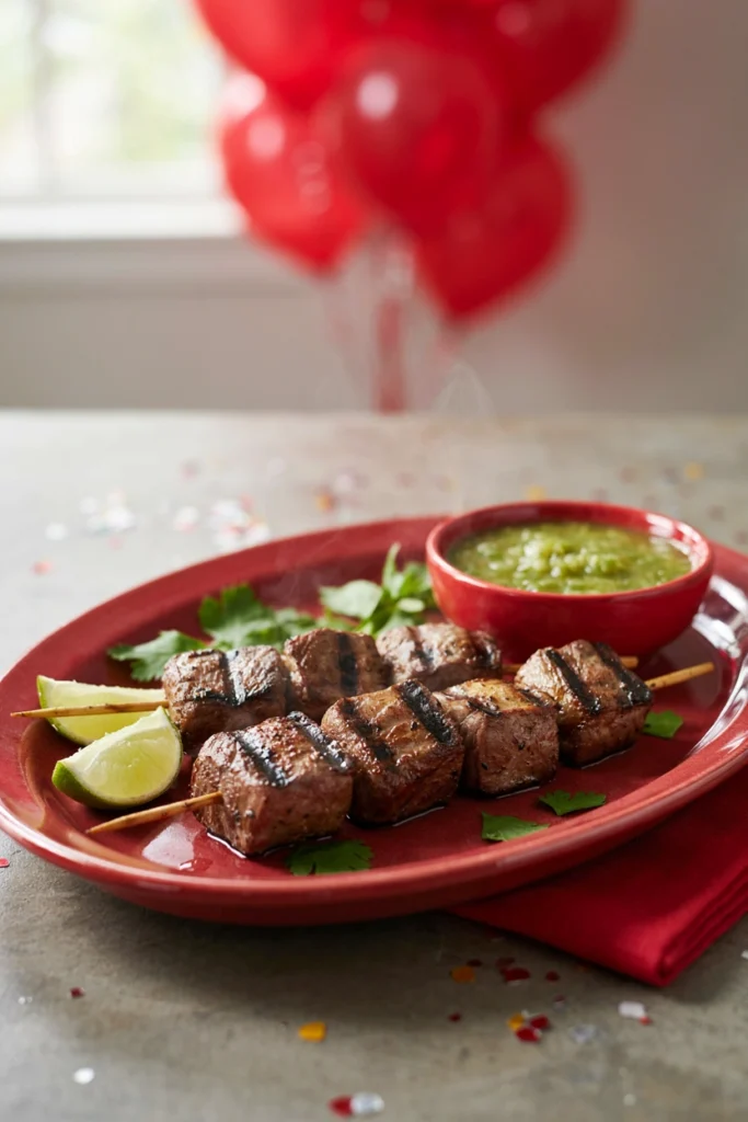 Marinated steak cubes on skewers with lime and cilantro