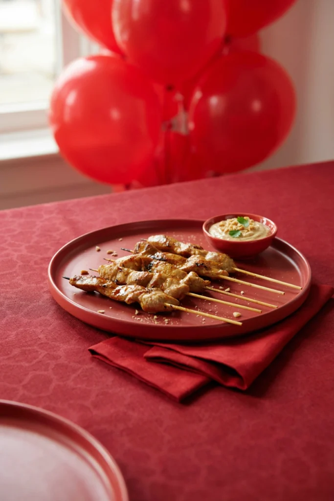 Grilled chicken strips on skewers with peanut sauce for dipping