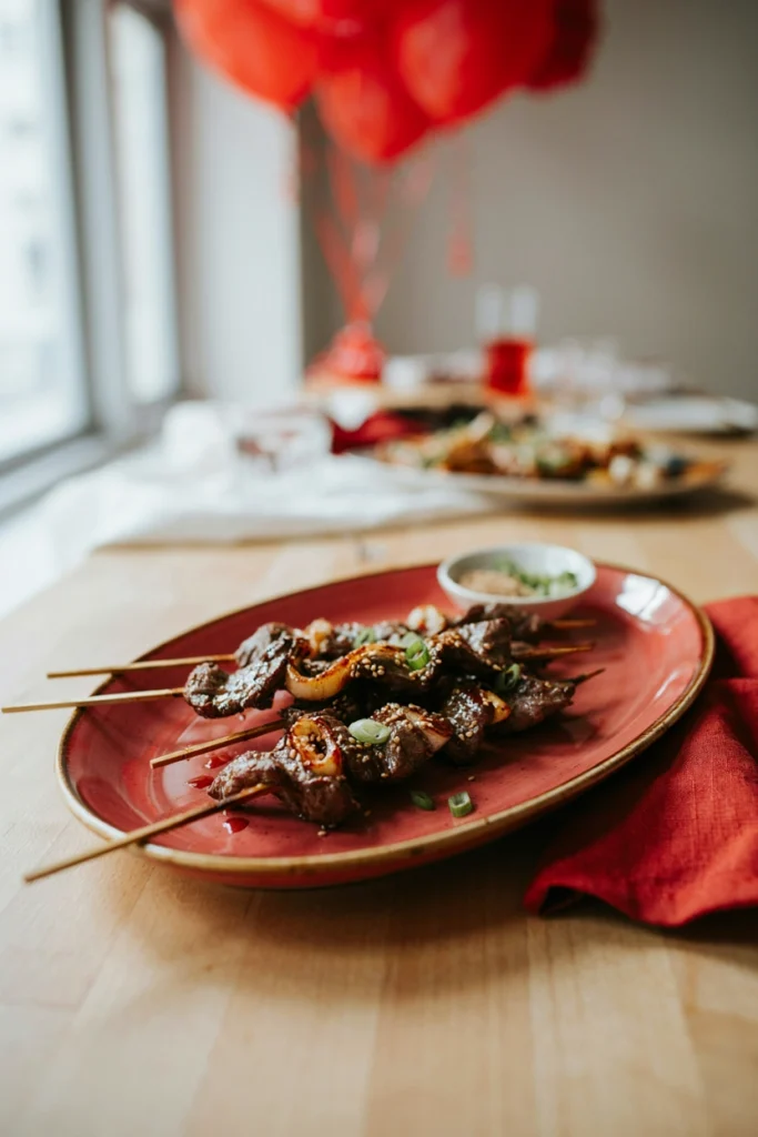 Thin marinated beef strips woven onto skewers with sesame seeds and green onion garnish