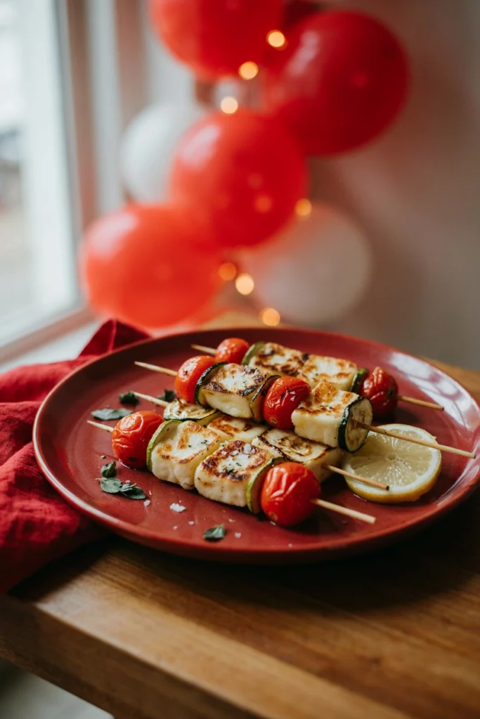 Grilled halloumi cubes with charred cherry tomatoes and zucchini