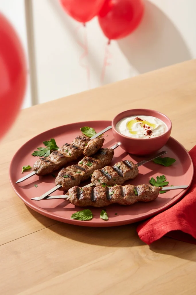 Spiced ground lamb formed around skewers, char-grilled
