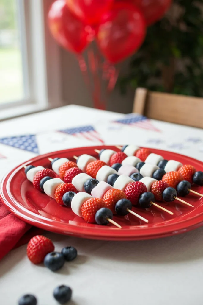 Strawberries, blueberries, and marshmallows in red white and blue on skewers