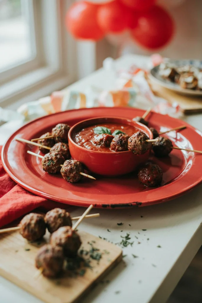 Mini meatballs on skewers with a bowl of marinara dip nearby