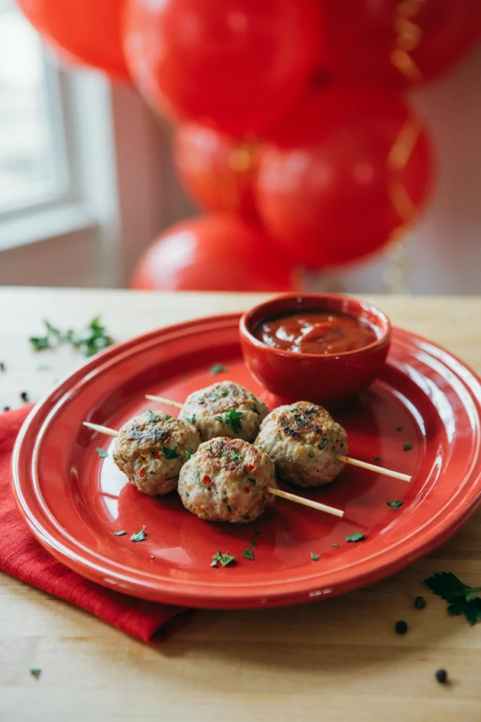 Small turkey meatballs threaded on skewers with fresh herbs