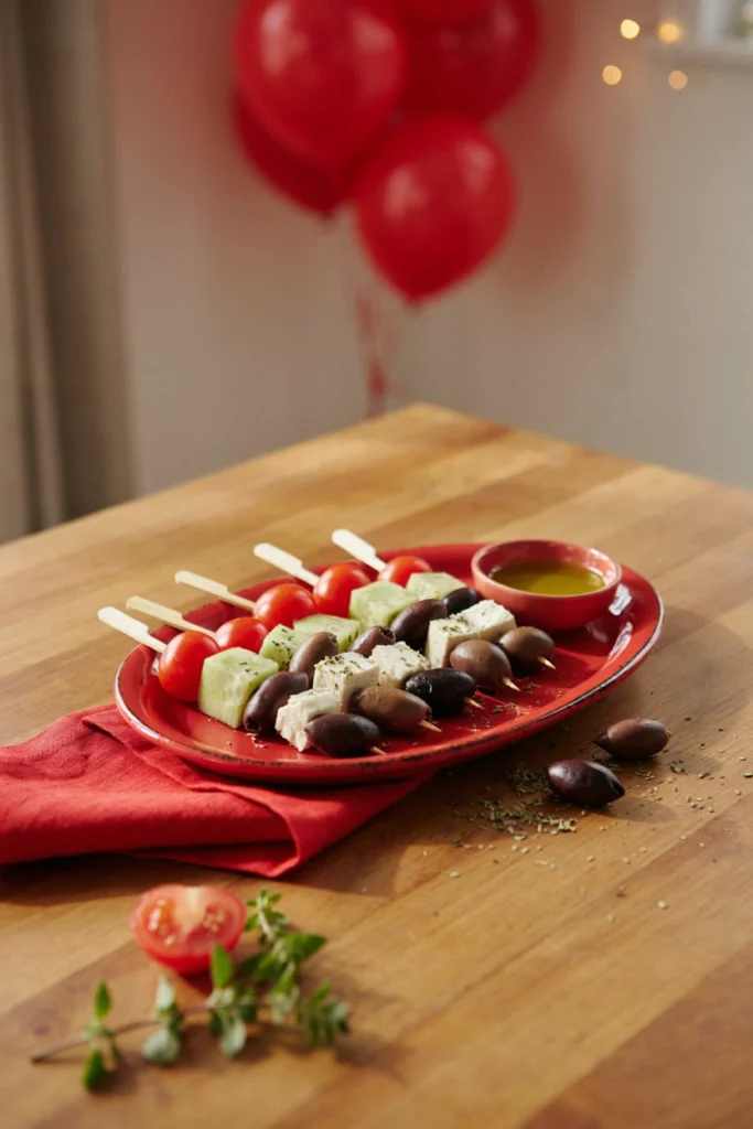 Cherry tomato, cucumber, olive, and feta on a skewer