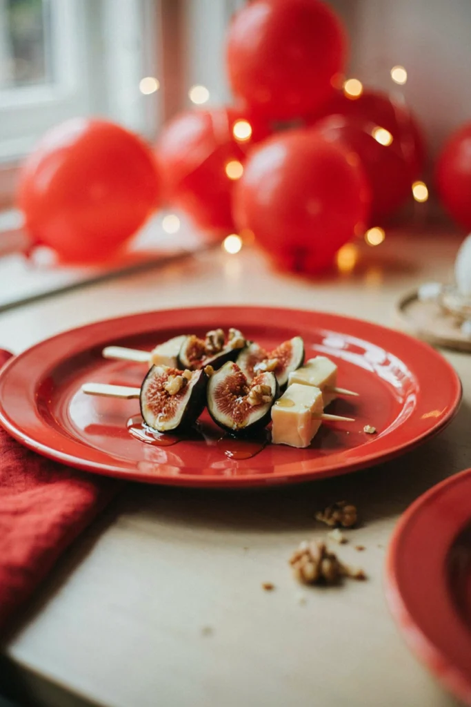 Brie cubes and fig halves on skewers with honey drizzle