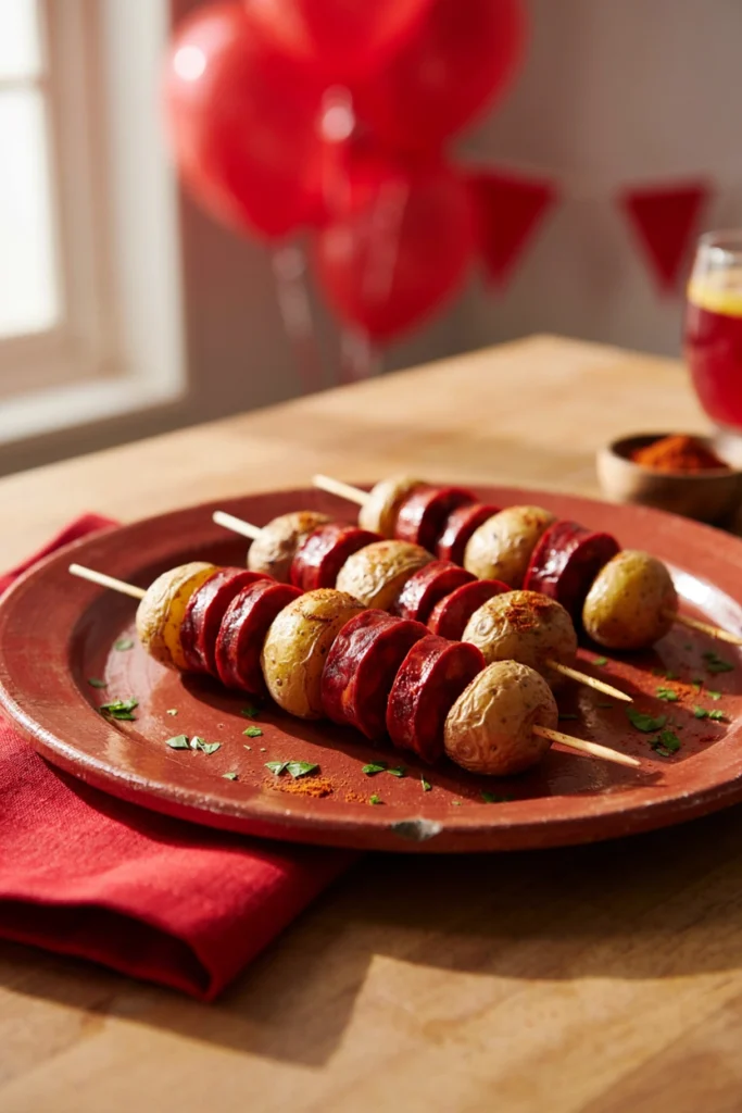Alternating chorizo slices and roasted baby potatoes on skewers