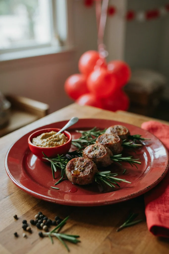 Sausage rounds threaded onto fresh rosemary sprigs