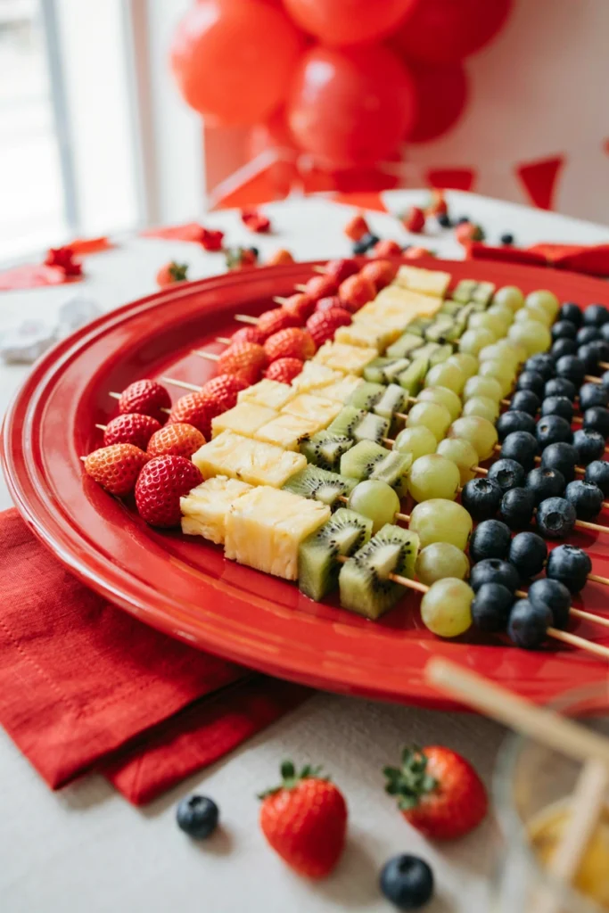 Strawberries, pineapple, grapes, and blueberries in rainbow order on skewers