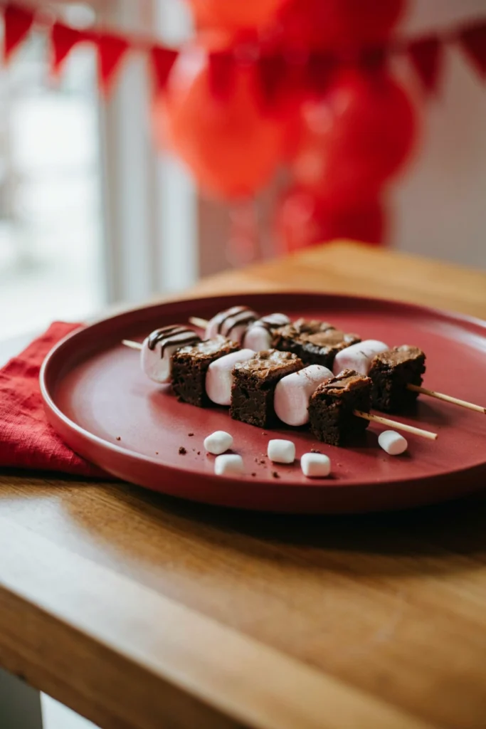 Brownie squares and marshmallows alternating on skewers