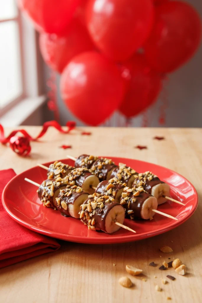 Banana chunks dipped in chocolate and rolled in nuts on skewers