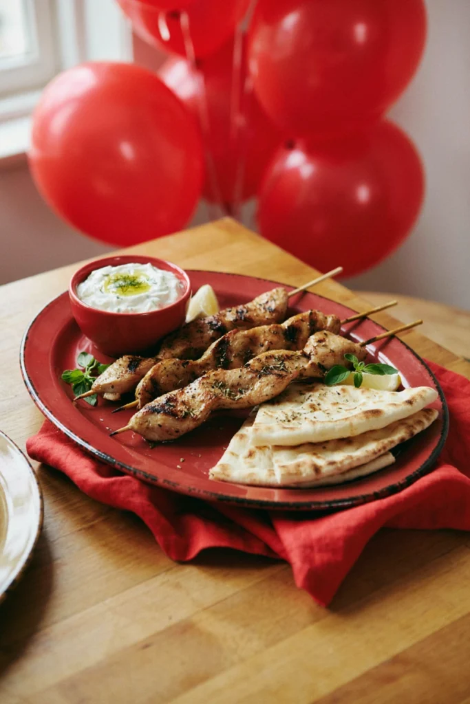 Spiced chicken chunks with tzatziki drizzle on skewers