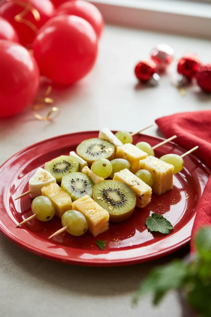 Gold and champagne colored fruits like pineapple and golden kiwi on skewers