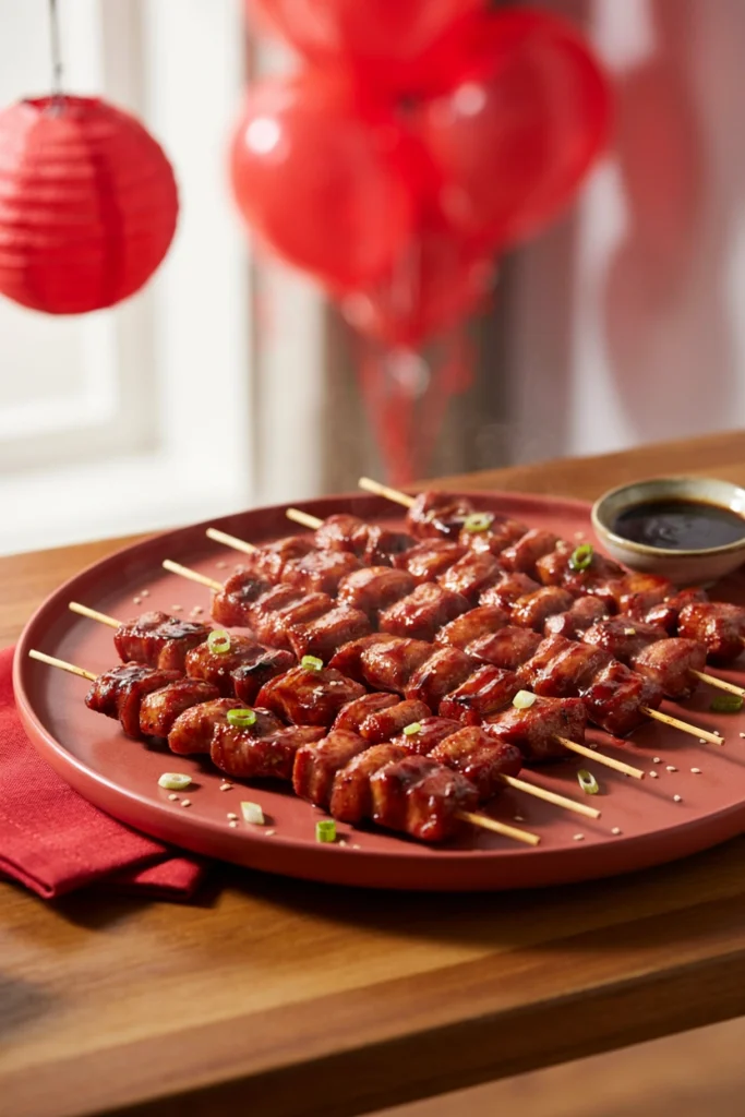 Red-glazed Chinese barbecue pork cubes on skewers
