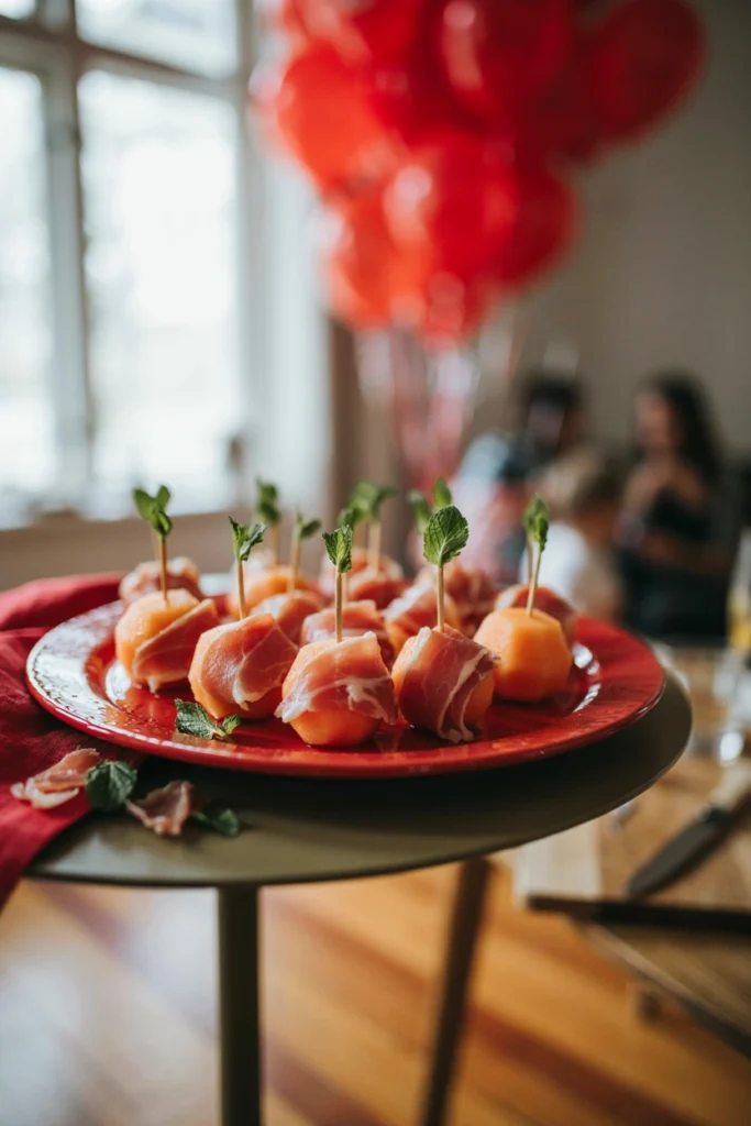 Cantaloupe balls wrapped in ribbons of prosciutto on skewers