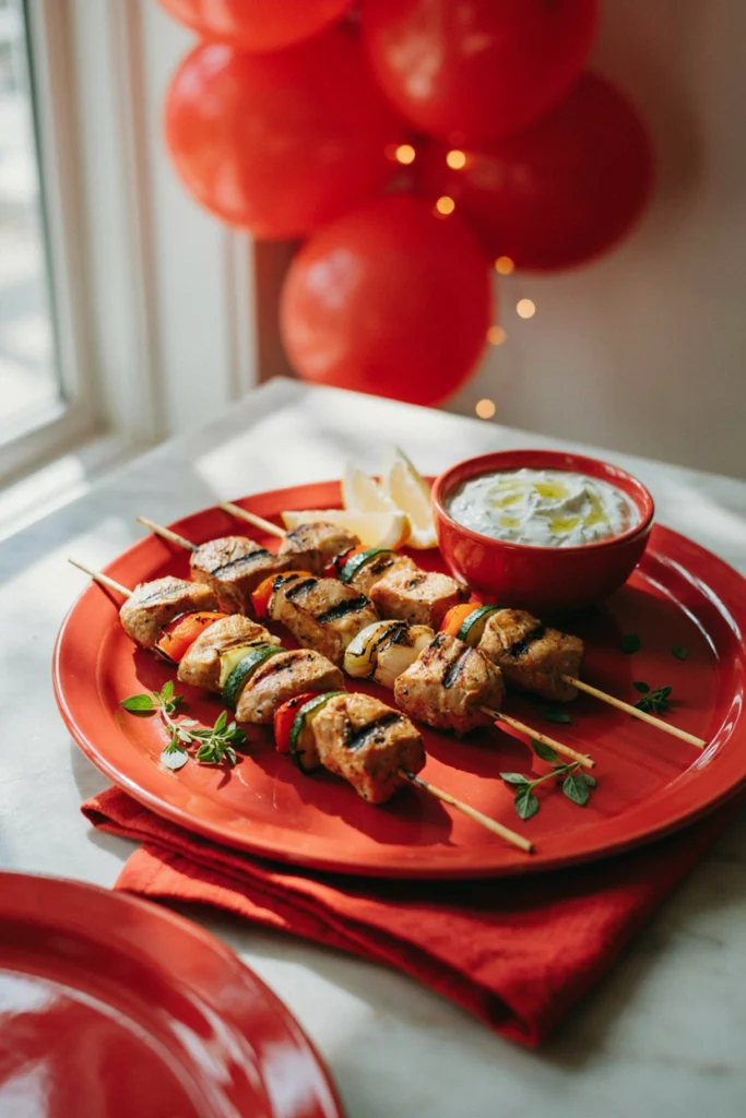Chicken skewers with lemon wedges and a small bowl of tzatziki