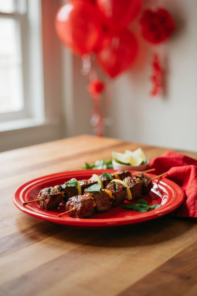 Beef cubes and grilled corn kernels on skewers with lime wedges