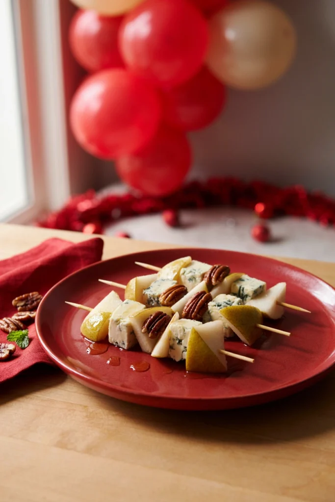 Pear slices and blue cheese cubes with candied pecans on skewers