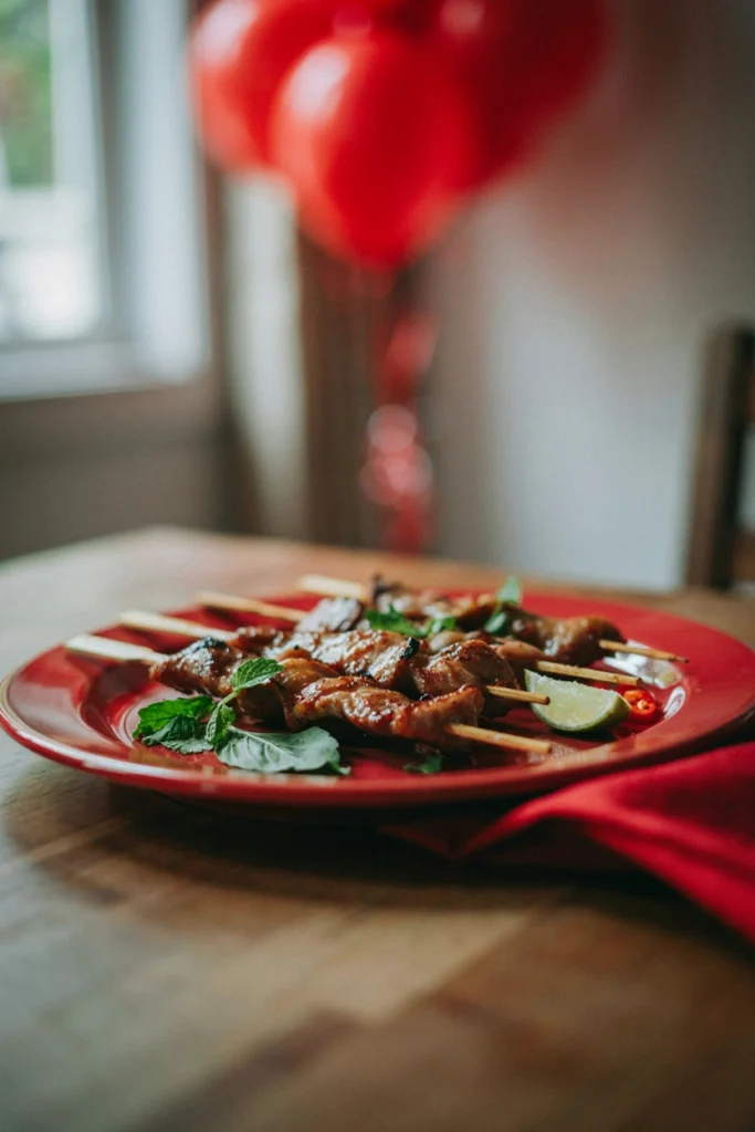 Caramelized pork pieces on skewers with fresh herbs