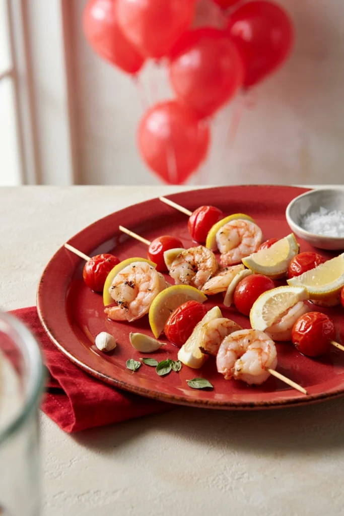 Shrimp with cherry tomatoes and lemon on skewers