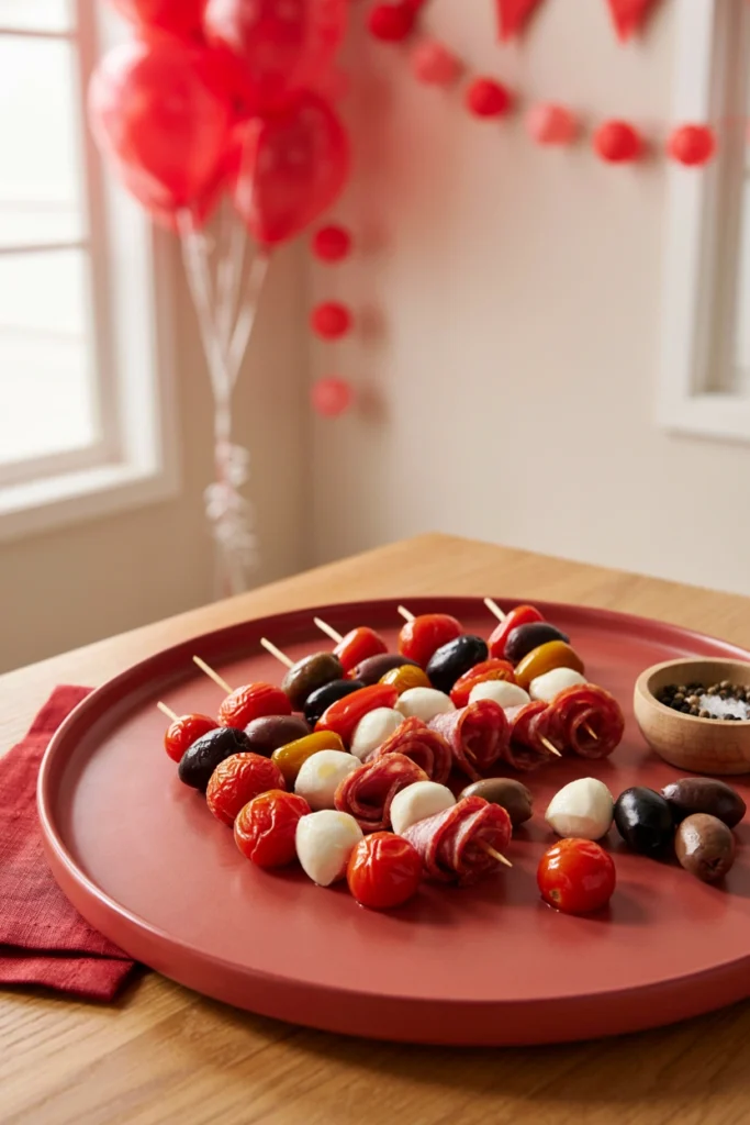 Salami, olives, mozzarella, and pepperoncini on a skewer