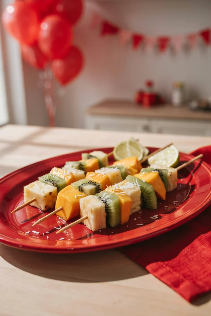 Pineapple, mango, and coconut flakes on skewers