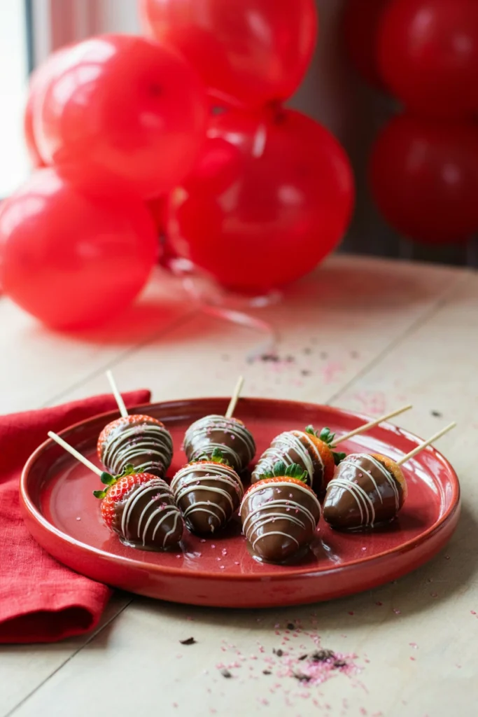 Chocolate-dipped strawberries on skewers with pink sprinkles