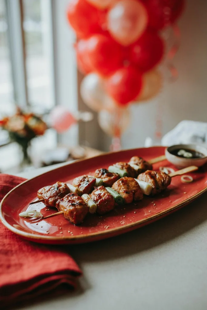 Glossy glazed chicken and scallion pieces on Japanese-style skewers