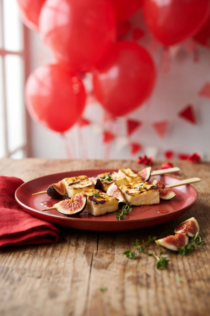 Halloumi cubes and fresh figs alternating on skewers
