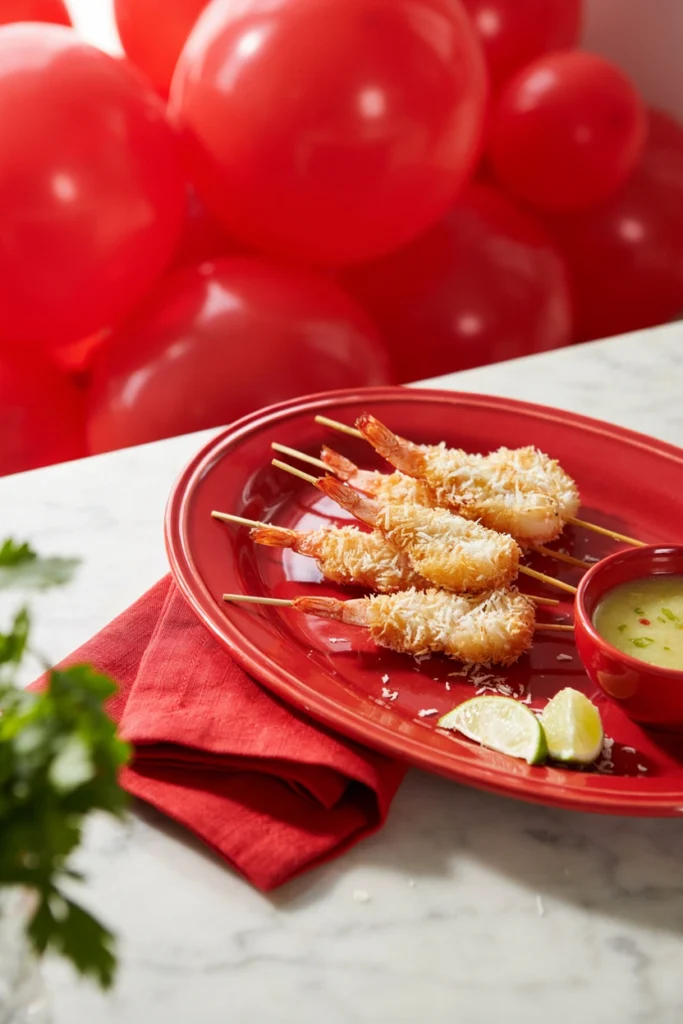 Golden coconut-crusted shrimp on skewers with a mango dipping sauce