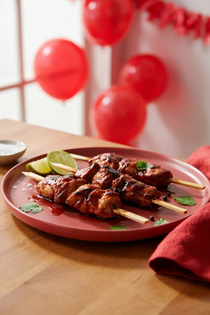 Chicken cubes coated in smoky red chipotle glaze on skewers