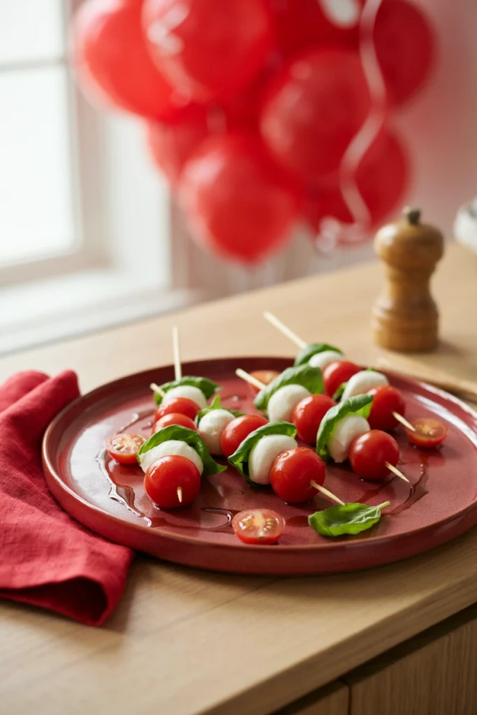 Cherry tomato, mozzarella ball, and basil leaf skewers drizzled with balsamic